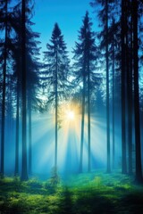 Obraz premium Golden rays filter through misty pine forest at dawn