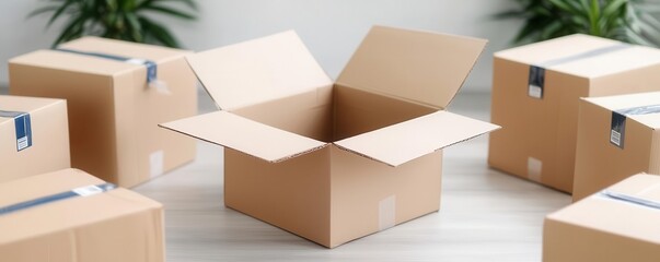 Open cardboard box with contents partially visible, surrounded by labeled boxes, ready for a move, organized moving process