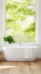 This modern bathroom features a white bathtub, wooden flooring, and vibrant greenery visible through the large window