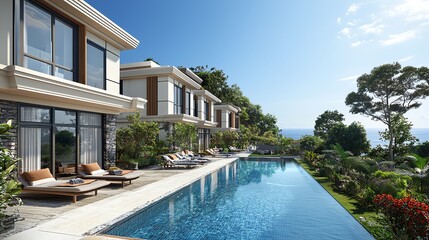 Stunning modern villa with infinity pool overlooking lush greenery and beautiful ocean views in bright, sunny weather.