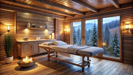 Elegant cabin interior with a plush stretcher, soft lighting, and calming ambiance, perfect for relaxation and rejuvenation during luxurious spa beauty treatments and wellness therapies.
