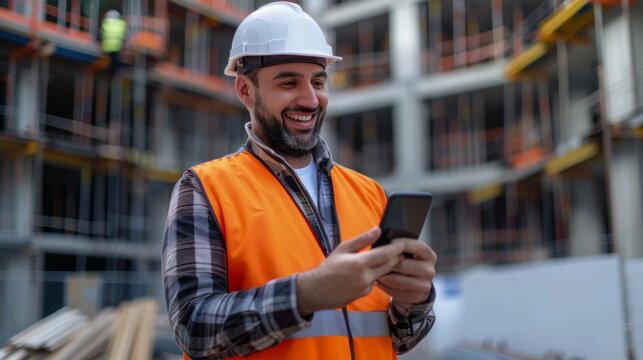 A man in a construction site is smiling while looking at his cell phone