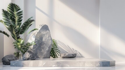 Minimalist Marble Podium with Tropical Plant and Stones