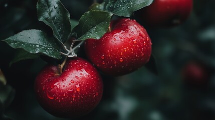 Obraz premium Freshly picked red apples glistening with rain in a lush orchard during autumn