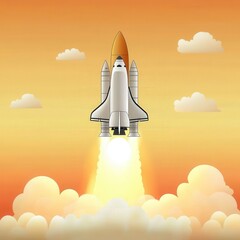 Obraz premium A vibrant rocket launch against a colorful sunset sky filled with fluffy clouds