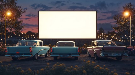 Classic cars parked at a drive-in theater during twilight, awaiting a film under the glow of vintage lights.