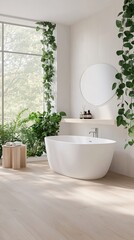 This modern bathroom features a white bathtub, wooden flooring, and vibrant greenery visible through the large window