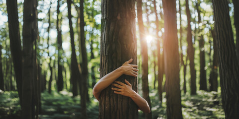 hands embracing a large tree trunk in a dense forest, symbolizing a connection with nature and environmental care.Ecological awareness: social responsibility to preserve nature for future generations.