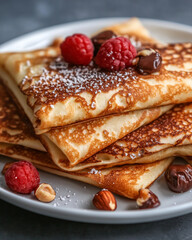 Golden crepes folded and topped with raspberries, hazelnuts, and powdered sugar | Delicious breakfast or dessert option | High-resolution food photography for recipe blogs or menus