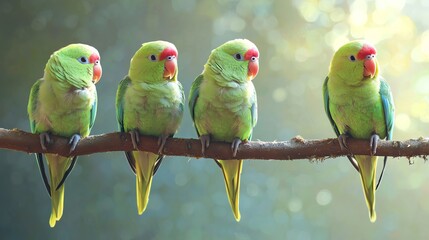 Four vibrant green parakeets perched on a branch, showcasing their bright feathers and charming personalities in soft natural light.