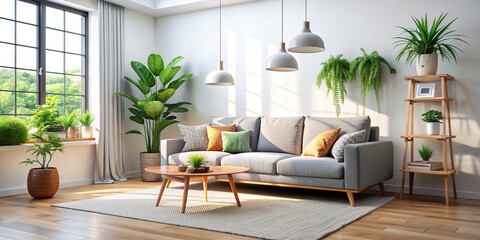 Fototapeta premium Bright and cozy modern living room interior have sofa and plant with white wall