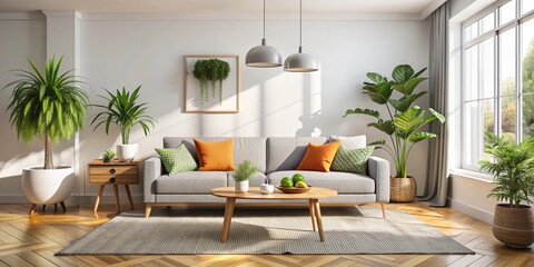 Bright and cozy modern living room interior have sofa and plant with white wall