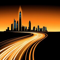 Obraz premium A glowing road leads to a futuristic city skyline at sunset