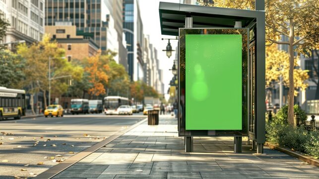Bus stop in New York city with vertical digital OOH mockup with green screen