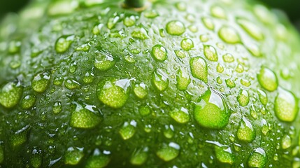 Close-up of a green surface with water droplets, showcasing a fresh and vibrant natural beauty.