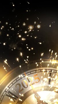 countdown clock for happy new year 2025 with exploding firework on night sky, new years eve party greeting card
