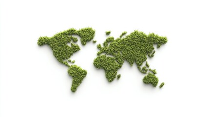 A world map is creatively formed using grass against a clean white backdrop, highlighting the fusion of nature and cartography in a modern aesthetic