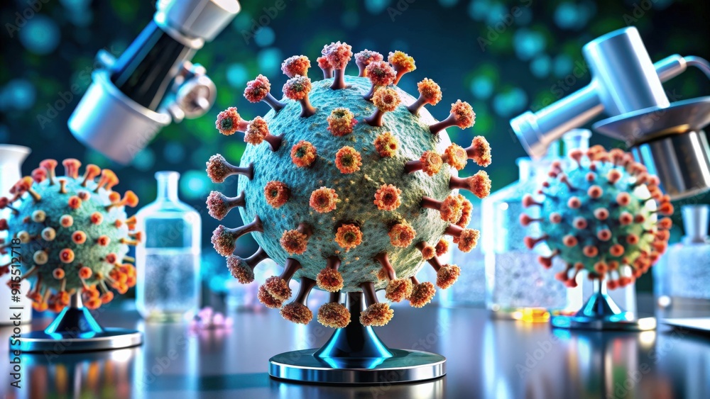 Poster detailed view of bird flu virus under microscope revealing critical insights in laboratory setting, 