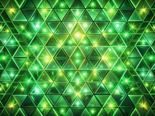 Fototapeta premium Vibrant green futuristic mosaic background composed of interlocking diamond and triangle shapes, illuminated with soft pulsing lights, creating a mesmerizing 3D polygon pattern.