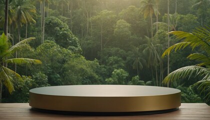 Wooden podium for product presentation with tropical forest background 210
