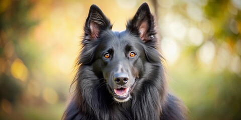 Fototapeta premium belgian sheepdog, groenendael black dog portrait wallpaper with good expression and blurred neutral background