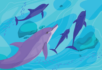 The underwater world with dolphins in blue water