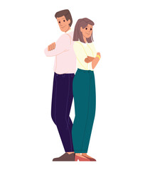Fototapeta premium Successful cooperation and business team concept. Young man and woman business people partners standing together, meaning strength of unity