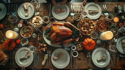 A traditional Thanksgiving dinner table set with roasted turkey and side dishes.