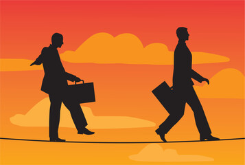 Conceptual image of two businessmen walking on a hanging rope with different postures, with sky background