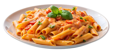 Penne allay Vodka pasta in a pink tomato cream sauce isolated on white background.