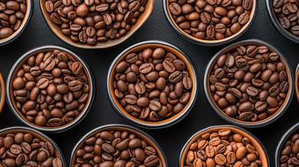 Fototapeta premium Top view of various bowls filled with coffee beans on a dark background, showcasing different varieties and textures.