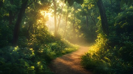 Obraz premium Enchanted forest path, vibrant green foliage, sunbeams piercing through trees, misty atmosphere, golden hour light, tall ancient trees, dappled sunlight on forest floor.