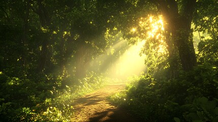 Obraz premium Enchanted forest path, vibrant green foliage, sunbeams piercing through trees, misty atmosphere, golden hour light, tall ancient trees, dappled sunlight on forest floor.