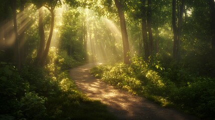 Obraz premium Enchanted forest path, vibrant green foliage, sunbeams piercing through trees, misty atmosphere, golden hour light, tall ancient trees, dappled sunlight on forest floor.