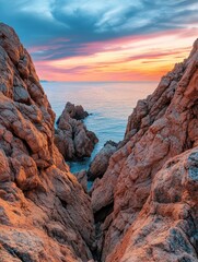rocky background. orange rocks against the sky. copy space. Abstract background of bright rocks. Stone and sky landscape background