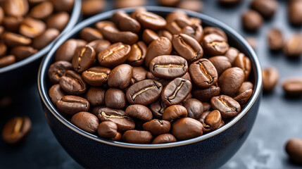 Fototapeta premium Close-up of a bowl filled with roasted coffee beans placed on a dark surface with additional coffee beans in the background.