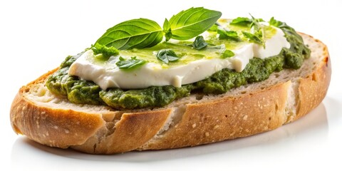 Freshly baked, crusty bread topped with a dollop of creamy cheese and a sprig of vibrant pesto, arranged artfully on a crisp white background.