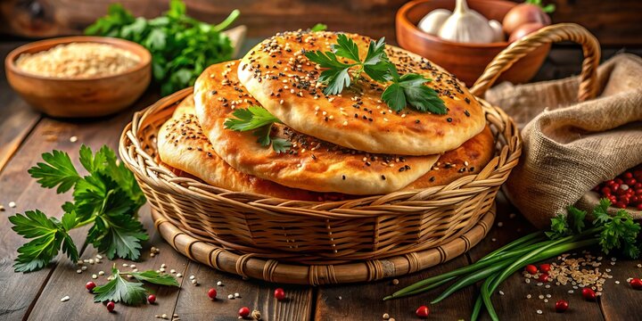 Freshly baked crispy Taftoon sits on a woven basket, surrounded by sesame seeds, herbs, and a hint of warm golden light, evoking traditional Iranian and Pakistani cuisine.