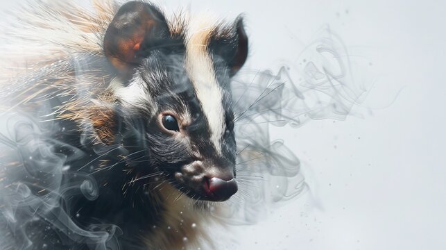 A close up of a skunk's face. The skunk is looking at the camera with its big, black eyes. Its fur is black and white, and it has a long, bushy tail.