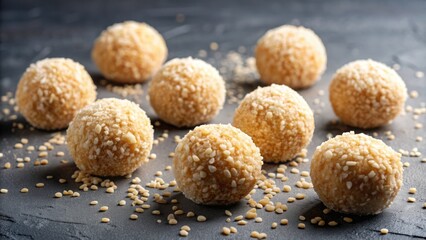 Freshly baked homemade round candies sprinkled with toasted coconut flakes sit invitingly on a clean gray background, perfect for menu or confectionery advertising.