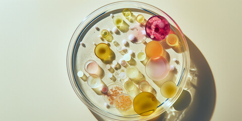 A a petri dish filled with various bacteria colonies, representing the diversity of bacterial growth in a lab setting. Minimalist style.