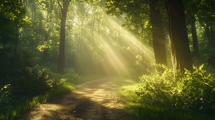 Enchanted forest path, vibrant green foliage, sunbeams piercing through trees, misty atmosphere, golden hour light, tall ancient trees, dappled sunlight on forest floor.