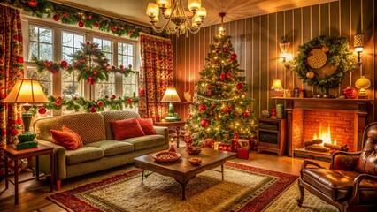 Cozy 1970s living room decorated for Christmas with vintage ornaments, retro furniture, and festive lights, capturing the nostalgic spirit of a bygone era.