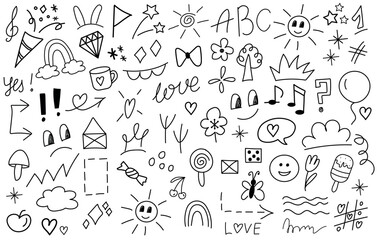 Big set of cartoon doodle hand drawn elements. Line art. Crowns, rainbow, hearts, stars, flowers, sparkles, arrows, lightnings, smiley, signs, funny design elements іsolated on white background.