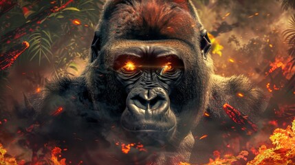 Obraz premium A gorilla with red glowing eyes stands in a fiery background.