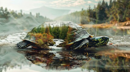 Fototapeta premium A green turtle with a beautiful landscape on its shell