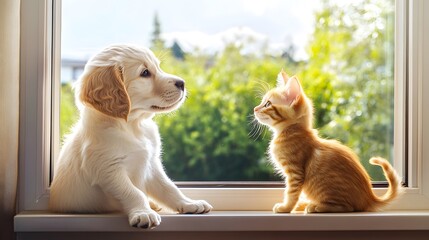 Golden retriever puppy and ginger kitten sitting on windowsill, bright sunny day outside, clear blue sky, warm natural light, friends looking out window, cozy indoor scene.