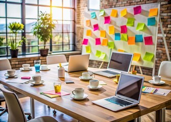 Creative workspace filled with colorful sticky notes, laptops, and empty coffee cups, deserted conference table with a whiteboard filled with scribbled ideas.