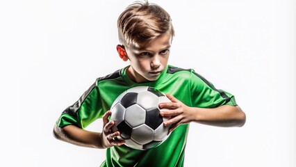 Young boy soccer player in action pose holding ball tightly with both hands, focused expression, wear bright green jersey and shorts on transparent background.
