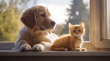 Golden retriever puppy and ginger kitten sitting on windowsill, bright sunny day outside, clear blue sky, warm natural light, friends looking out window, cozy indoor scene.